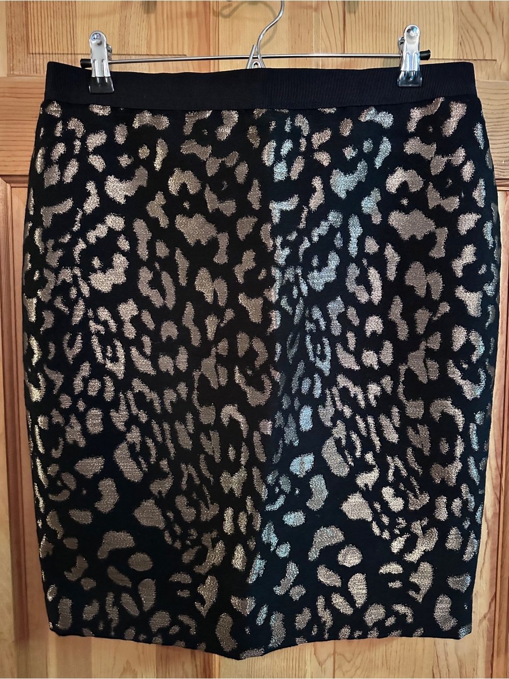 Ann Taylor Black & Metallic Gold Leopard Print Pencil Skirt Size 12P NWT